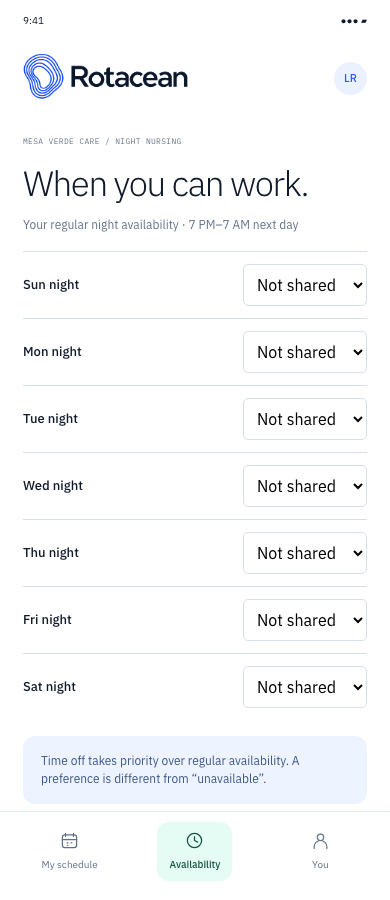 Rotacean mobile development preview showing availability choices for each night of the week