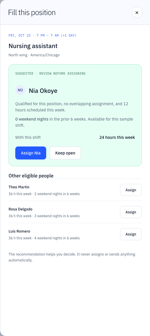 Rotacean development preview showing a suggested person, weekly hours and other eligible people for an open shift