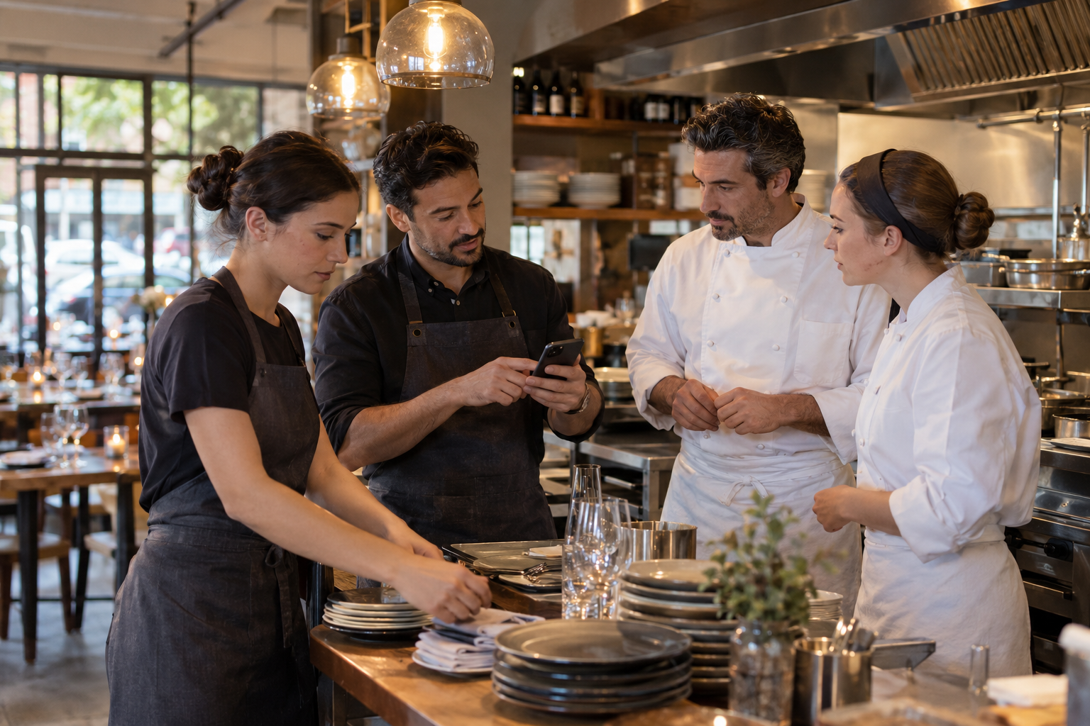 Restaurant colleagues preparing for service